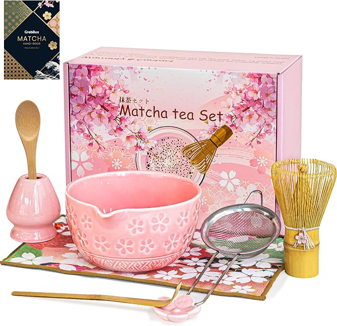 Matcha Whisk Set, Pink Matcha Set (9 Pcs) Includes Matcha Bowl, Whisk & Holder, Scoop, Sifter, Spoon, Scoop Rest, Tea Mat, Hand Book - Ideal Ceramic Matcha Kit for Matcha Lovers