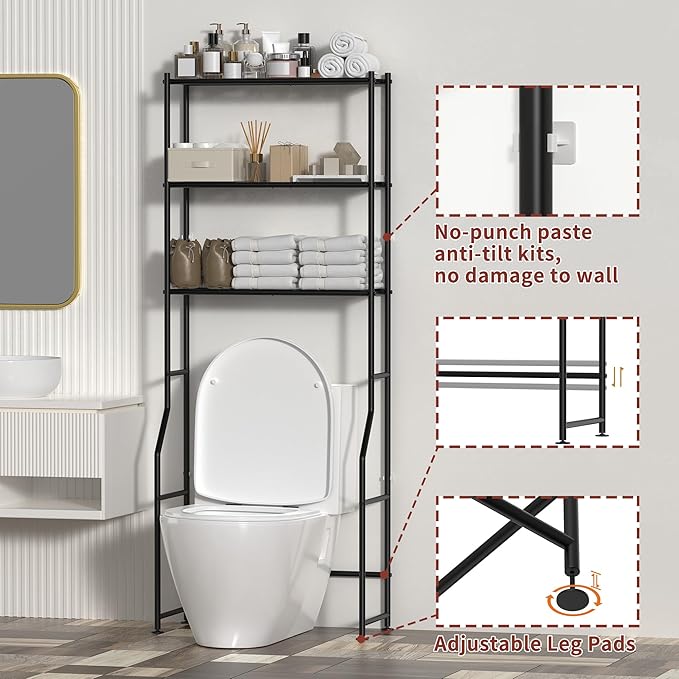 3-Tier Over The Toilet Storage, Freestanding Metal Bathroom Shelves, Space Saver Above The Over Toilet Storage Shelf for Bathroom, Black