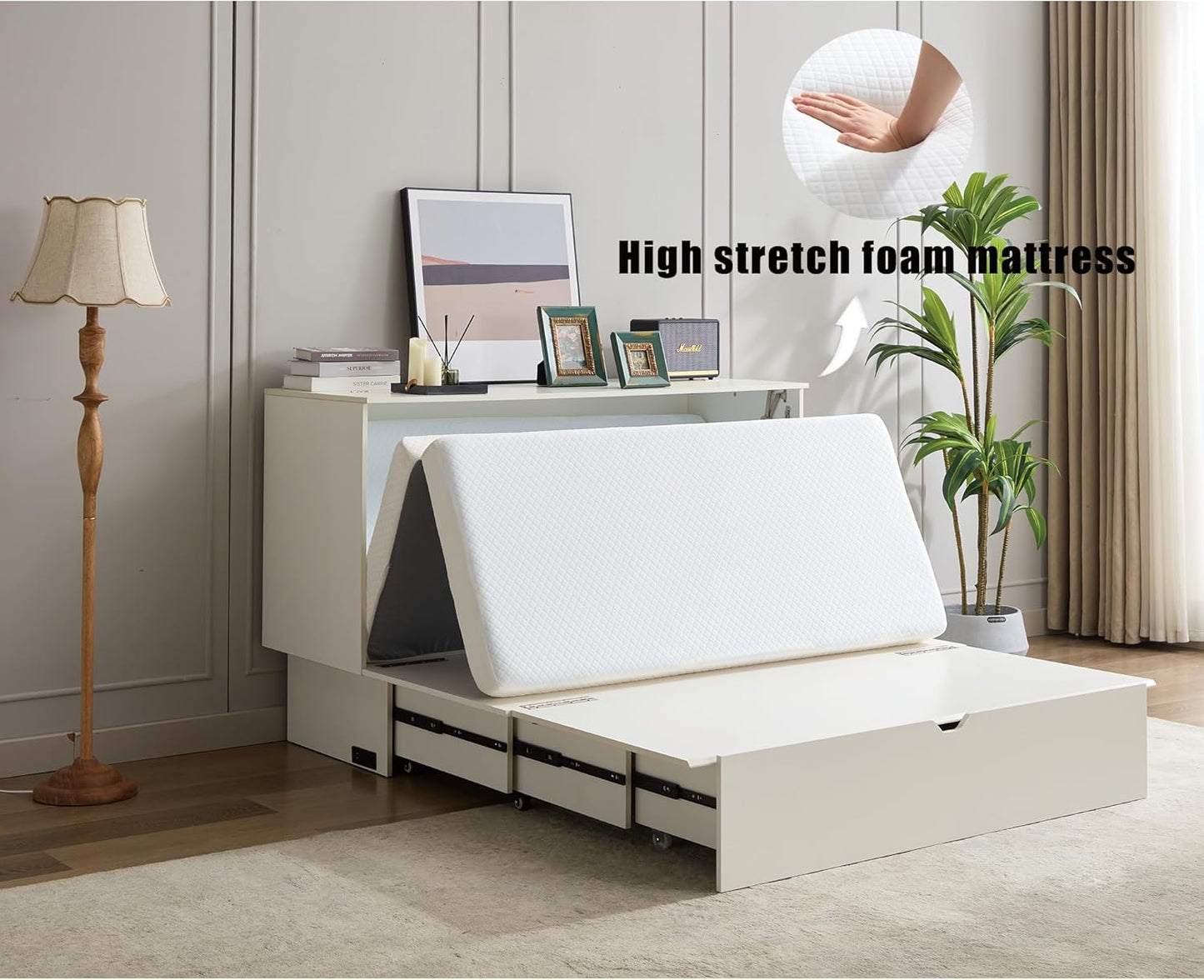 KEIKI Queen Murphy Bed with Storage, Folding Foam Mattress, Oversized Drawers, USB Ports & AC Outlets, Space-Saving Cabinet Bed, White