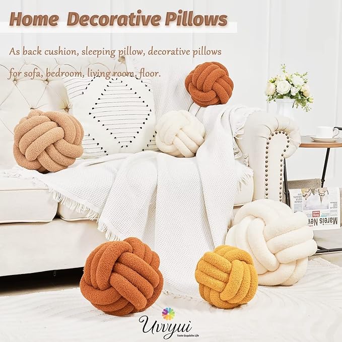 Uvvyui Knot Pillow Ball, Soft Home Decorative Pillows, Round Throw Pillow, Handmade Knotted Plush Pillow, Round Boucle Pillow Cushion (11 Inches Khaki)