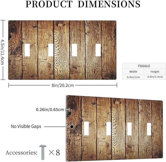Rustic Brown Wood Natural Wooden Light Switch Covers Quad Toggle 4 Gang Wall Plate Decorative Switch Plates Electrical Faceplate for Bedroom Home Decor