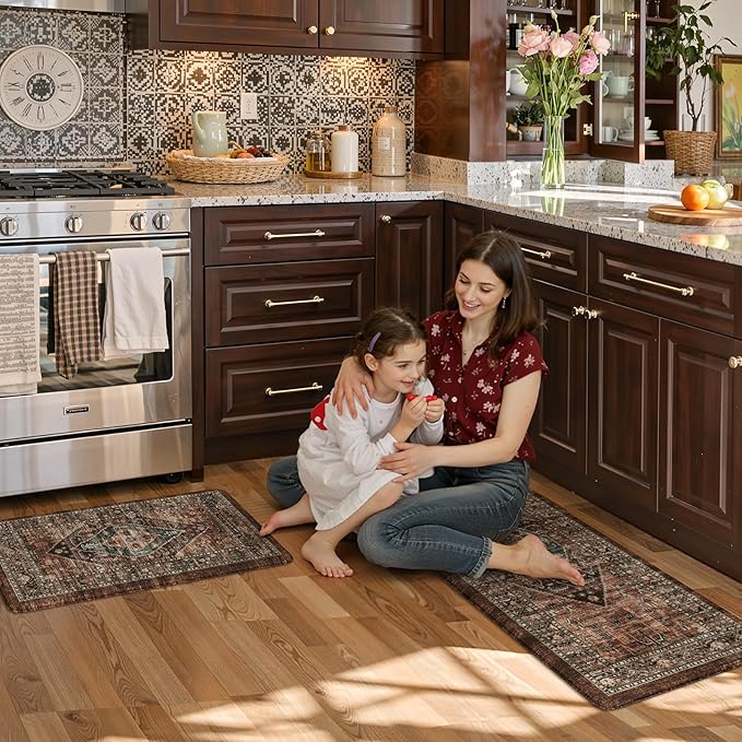 KIMODE Kitchen Mats for Floor Cushioned Anti Fatigue, Floral Kitchen Rugs Sets of 2, Brick Rugs for Kitchen Floor, Comfort Kitchen Floor Mats, Ergonomic Standing Desk Mat for Sink Laundry