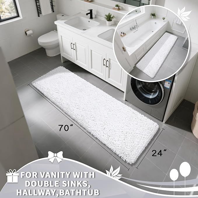 Yimobra Long Bathroom Rugs Runner 70x24 Inch, Extra Thick Soft Absorbent Chenille Bath Mat, Non Slip Machine Washable, Quick Dry Bath Rugs for Bathroom Floor, Tub and Shower, White