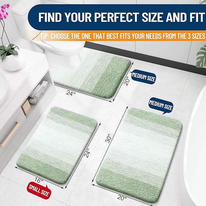 OLANLY Bathroom Rug Set 2 Piece, Soft Absorbent Microfiber Bath Mats and U-Shaped Contour Toilet Rug, Non-Slip, Machine Wash Dry, Plush Shaggy Bath Mats for Bathroom (24"x16"+24"x20", Sage Green)