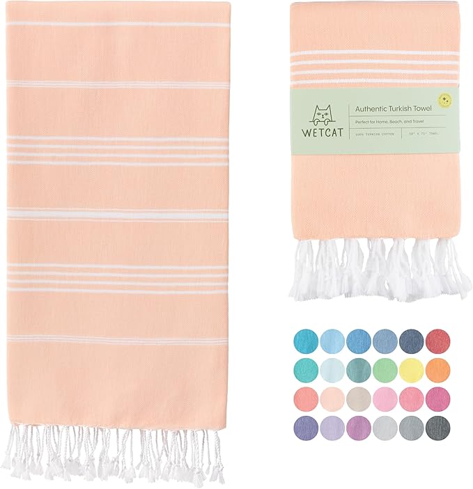 WETCAT Turkish Beach Towel Oversized (38"x71") 100% Turkish Cotton, Made in Turkey - Sand Free, Extra Large, Ultra Soft, Quick Drying, Compact & Lightweight for Travel - Peach