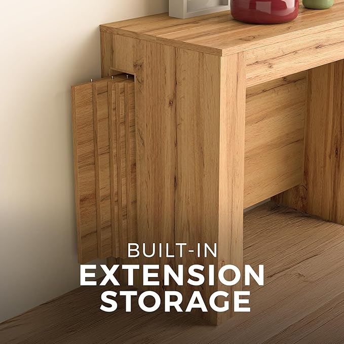 Mobili Fiver, Easy, Extendable Console Table with Extension Leaves Holder, 17.7(120.1) x35.4 in, Rustic Oak, for 4-12 People, Space Saving Dining Table for Entrance, Living Room, Italian Furniture