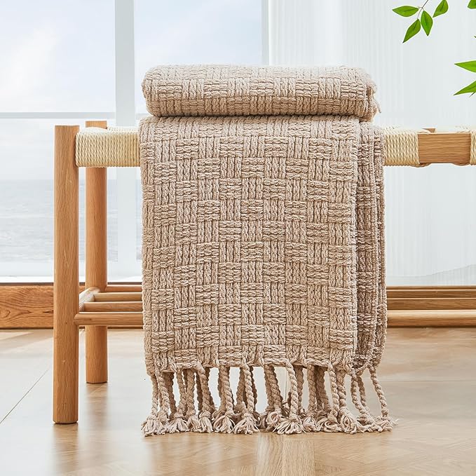 lifein Throw Blanket for Couch - Boho Throw Blanket, Knit Woven Blanket, Soft Decorative Blankets&Throws with Tassels for Bed,Sofa,Chair,Home Decor (Beige, 50 * 60, Waffle)