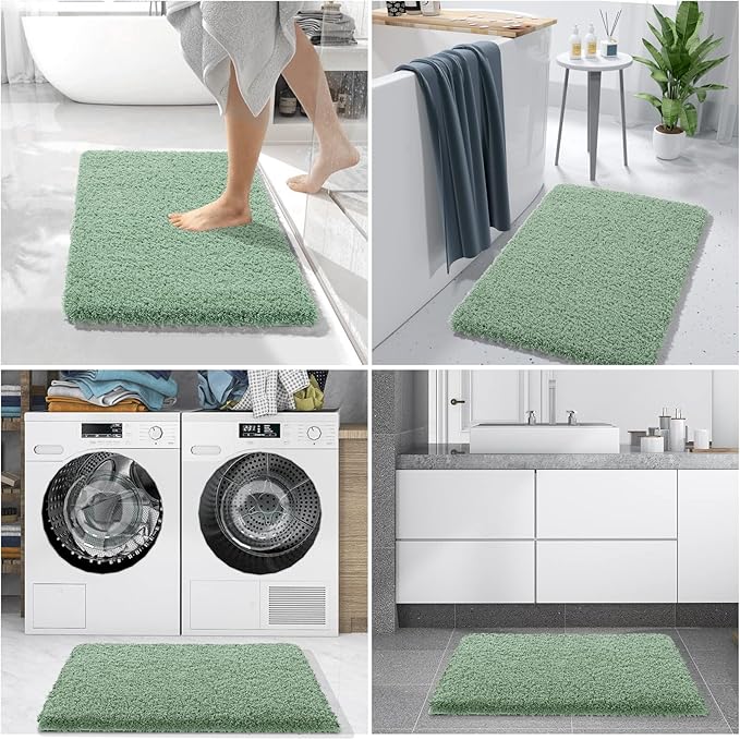 Yimobra Luxury Fluffy Bathroom Rugs, Super Elastic Soft Thick Plush Bath Mat, Non-Slip Water Absorbent, Easier to Dry, Sturdy Shaggy Microfiber Floor Carpet for Bathtub, 36"x 24", Pure Light Green