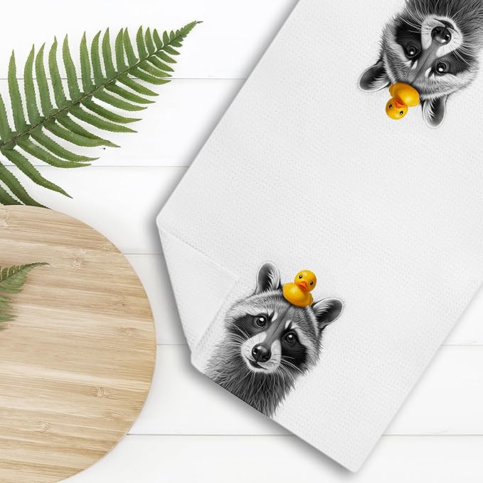 Nipi 109-XJ-MJ Towel Funny Raccoon Lover Gifts Bathroom Hand Towels, Raccoon Bathroom Decor, Vintage Animal Trash Panda with A Yellow Duck on Head Decorative Kids Hand Towels, 16x24 Inch