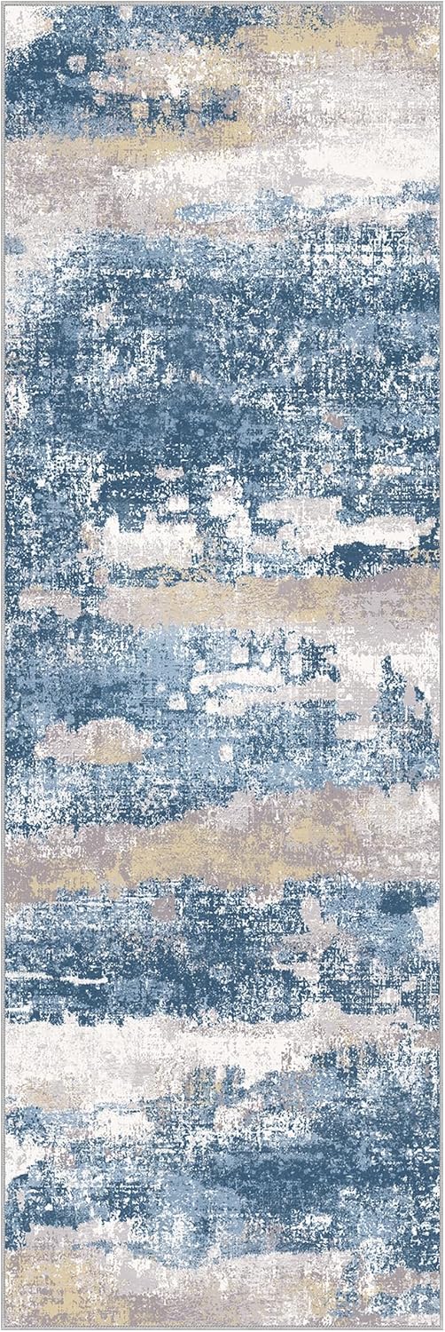 Runner Rug for Hallway Kitchen 2x7 Machine Washable Runners Rug for Entryway, Blue Cream Soft Modern Abstract Throw Rugs, Floor Carpet with Non Slip Rubber Backing