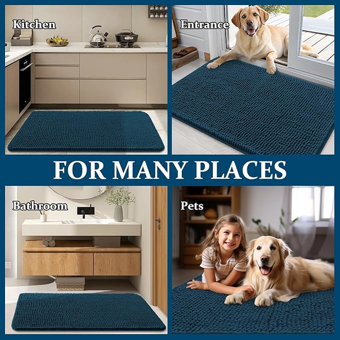 OLANLY Dog Door Mat for Muddy Paws 36x24, Absorbs Moisture and Dirt, Absorbent Non-Slip Washable Doormat, Quick Dry Chenille Mud Mat, Entry Indoor Entryway Carpet for Inside Floor, Atlantic Blue
