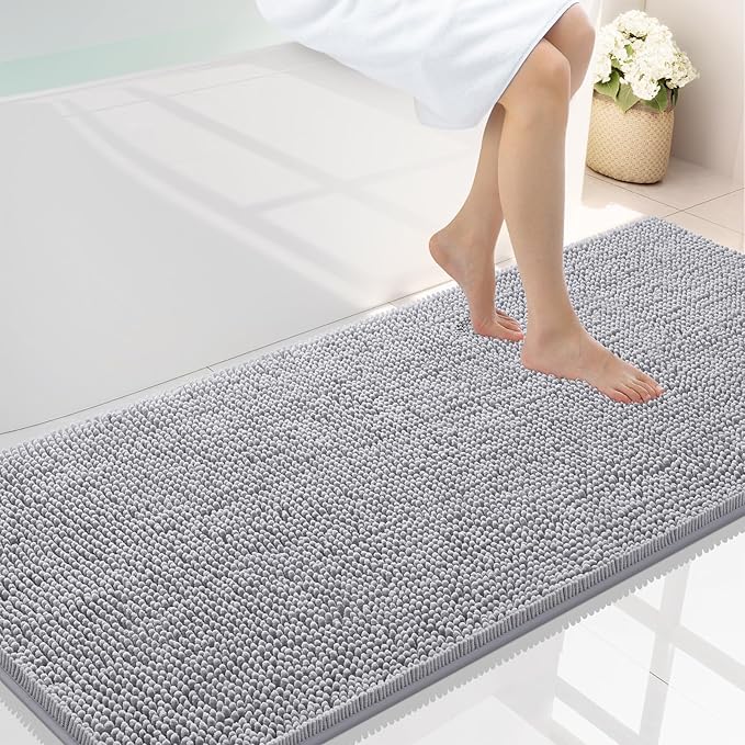 Smiry Luxury Chenille Bathroom Rugs 59x24, Extra Soft and Absorbent Shaggy Bath Mat, Machine Washable, Non-Slip Plush Carpet Runner for Tub, Shower, and Floor, Home Decor Accessories, Light Grey