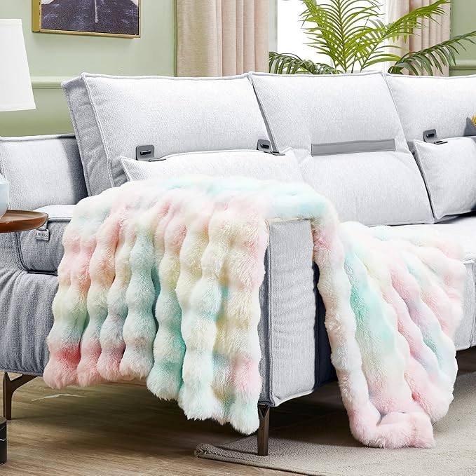 JONIYEAR Decorative Colorful Bubble Faux Rabbit Fur Throw Blanket 50" x 60", Thick Pastel Textured Warm Fluffy Blanket for Winter,Luxury Shag Cute Cozy Fuzzy Furry Lap Blankets for Couch Women,Rainbow