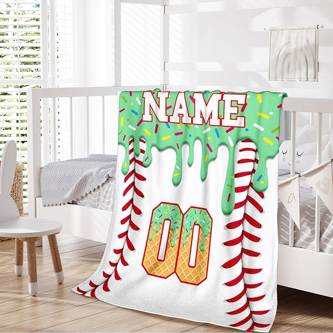 Kids Blanket for Boys Girls Custom Baseball Blankets for Gift, Green Cozy Soft Ice Cream Flannel Throws for Bed Travel Sofa Living Room Bedroom Decor Club