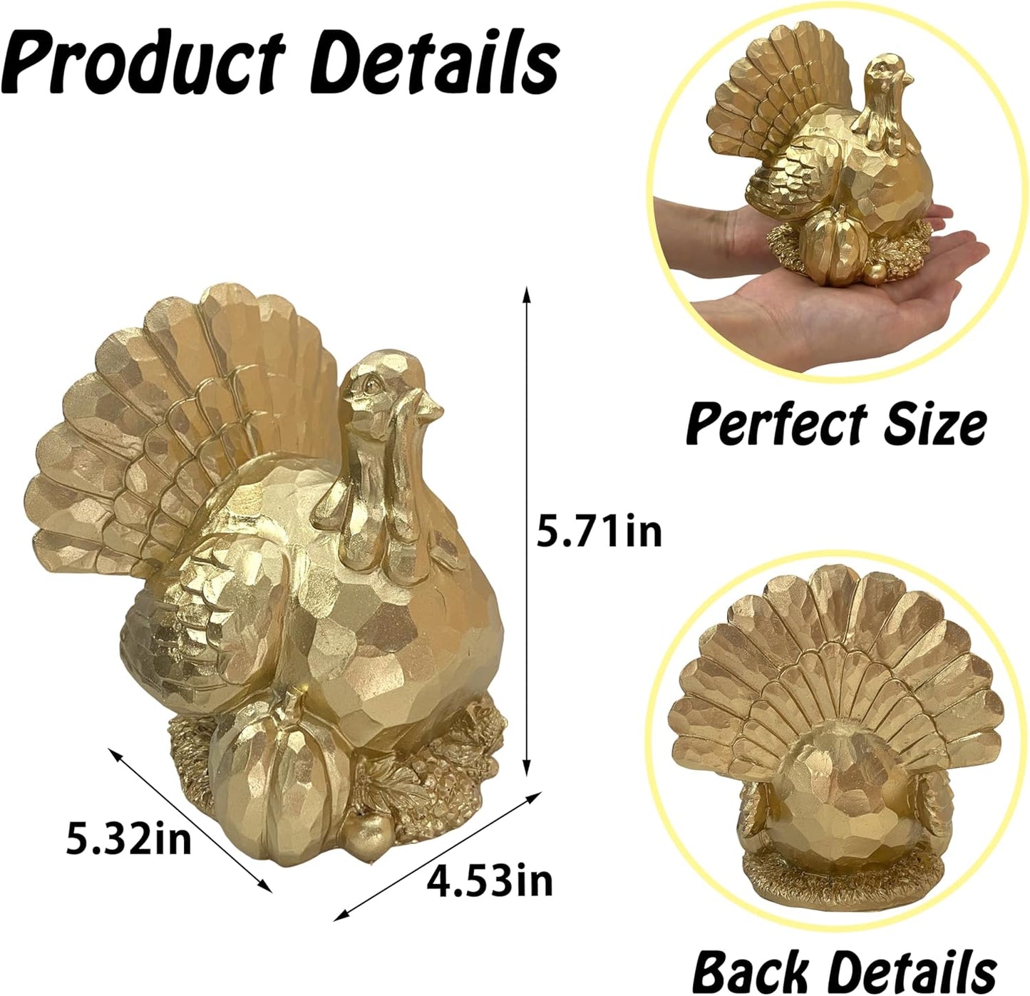 Thanksgiving Turkeys Decor, Gold Resin Turkey Figurine, Small Turkeys Statue for Decorating, Turkey Centerpiece for Table Kitchen Decoration, Harvest Home Decor