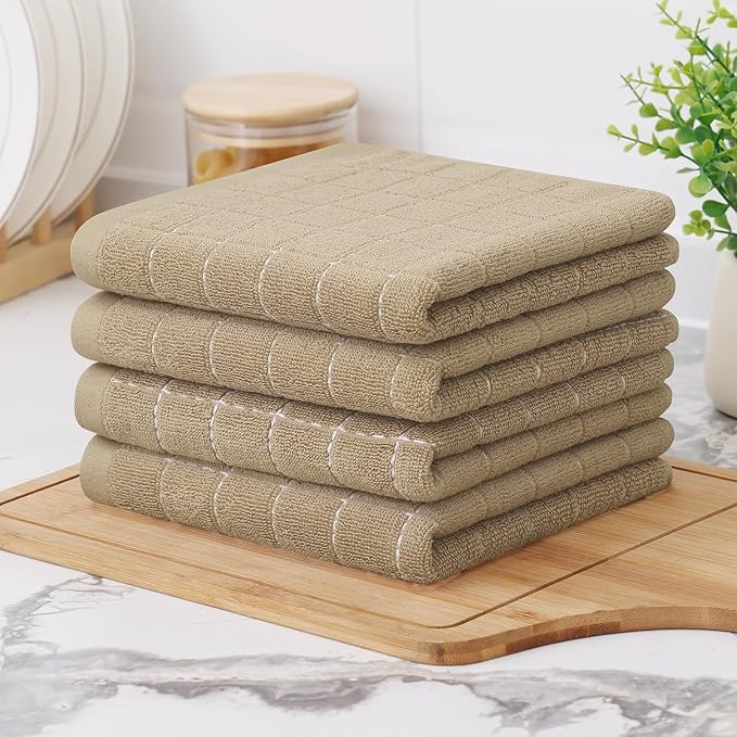 Homaxy 100% Cotton Terry Kitchen Towels(Tan, 13 x 28 inches), Checkered Designed, Soft and Super Absorbent Dish Towels, 4 Pack