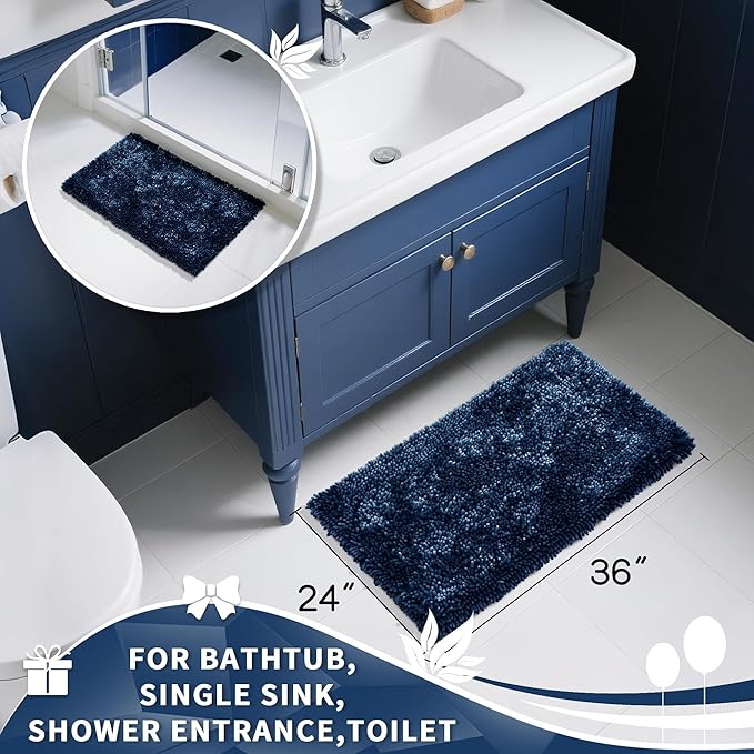 Yimobra Large Bathroom Rug Non Slip 36x24 Inch, Extra Thick Soft Absorbent Chenille Bath Mat, Machine Washable Quick Dry Bath Rugs for Bathroom Floor, Tub and Shower, Home Decor Accessories, Navy Blue