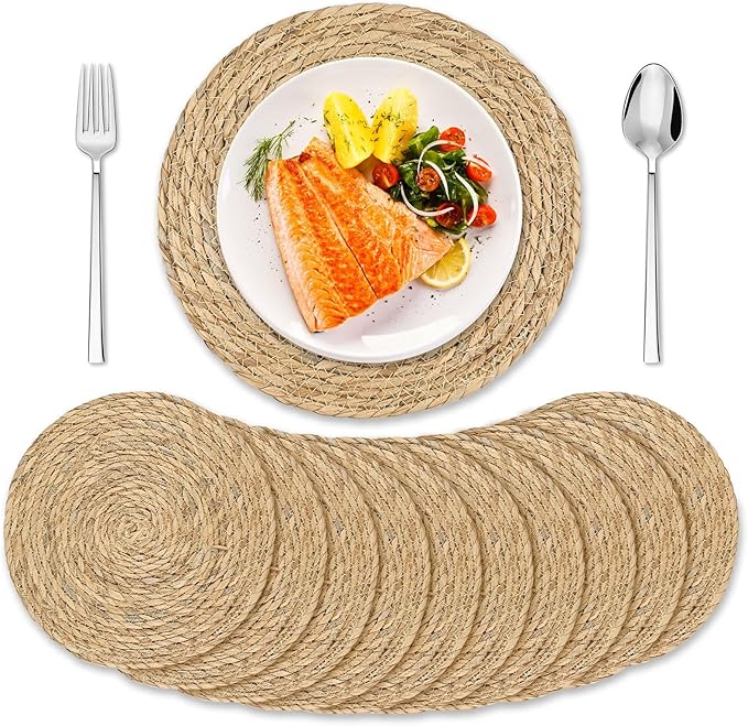 Round Woven Placemats 12 Inch Set of 10, Natural Fiber Braided Rattan Table Mats | Boho Wicker Placemats for Dining | Farmhouse Kitchen Home Decor
