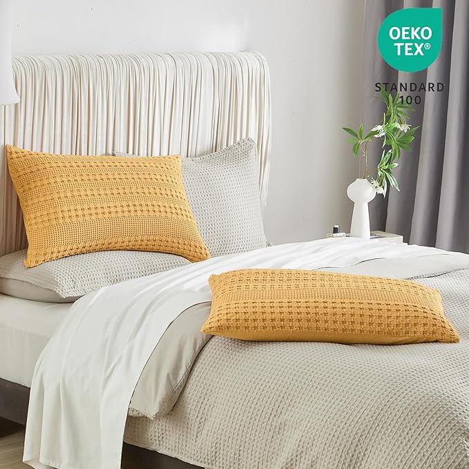 PHF 100% Cotton Waffle Pillow Shams Standard Size, 2 Pack 20" x 26" Soft Skin-Friendly Pillowcases, No Filling, Aesthetic Woven and Breathable Waffle Weave Pillow Case Covers for Bed, Honey Yellow
