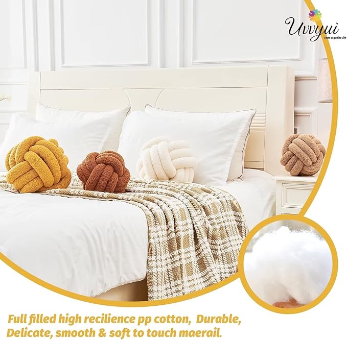 Uvvyui Knot Pillow Ball, Soft Home Decorative Pillows, Round Throw Pillow, Handmade Knotted Plush Pillow, Round Boucle Pillow Cushion (11 Inches Dark Yellow)