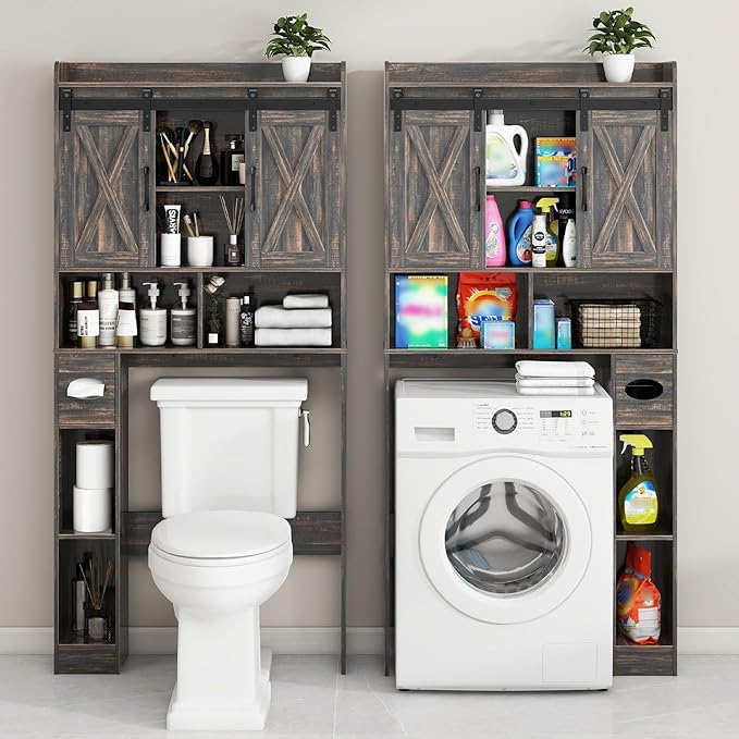 Over The Toilet Storage Cabinet, Farmhouse Storage Cabinet Over Toilet with Sliding Door& Toilet Paper Holder Stand,Home Space-Saving Toilet Rack, for Bathroom, Laundry and Restroom