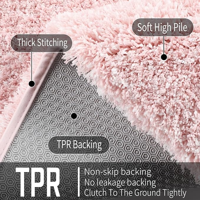 Yimobra Luxury Bathroom Rugs, Fluffy Bath Mats, Non Slip, Water Absorbent Microfiber, Machine Washable, Plush Soft Shower Rugs, Thick Matts for Bathroom Floor&Tub, 47"x 24", Light Pink and White