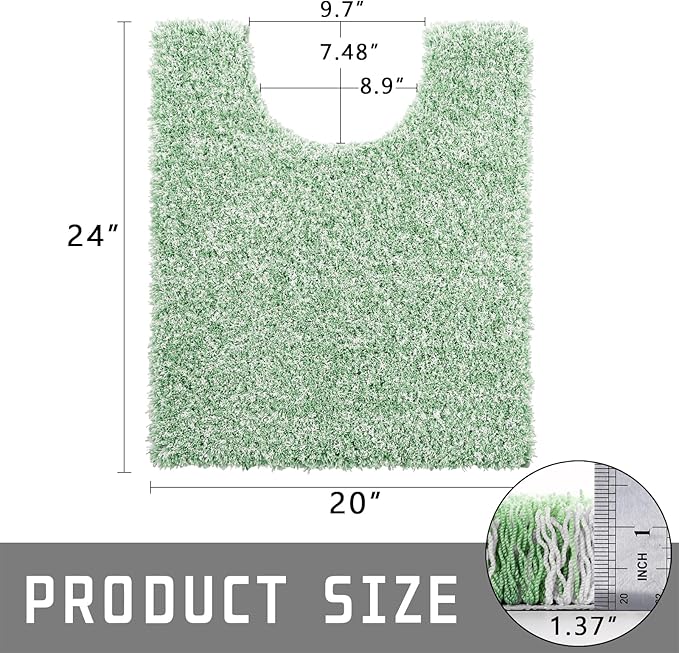 Yimobra Toilet Rugs U Shaped Washable 24x20, Ultra Soft and Water Absorbent Bath Mats, Non Slip Fluffy Shaggy Luxury Microfiber Contour Bath Rugs for Toilet, Dry Quick, Light Green and White