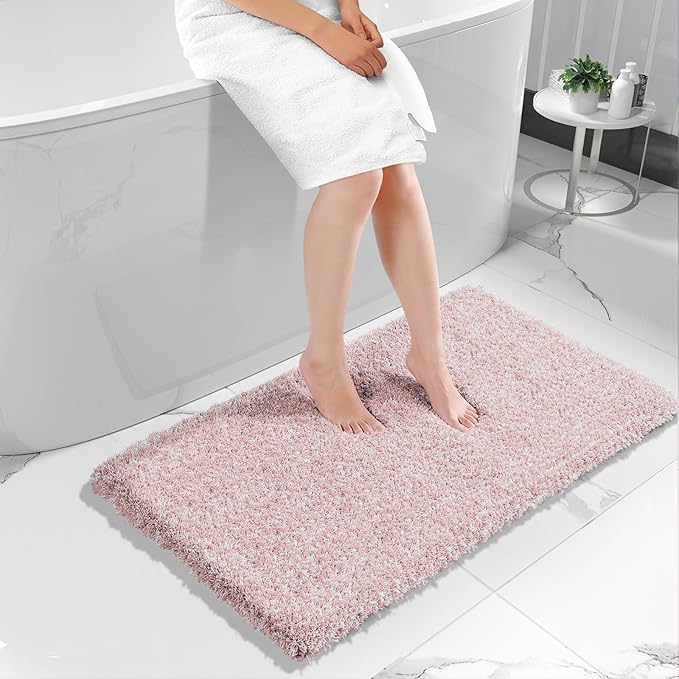 Yimobra Luxury Bathroom Rugs, Fluffy Bath Mats, Non Slip, Water Absorbent Microfiber, Machine Washable, Plush Soft Shower Rugs, Thick Matts for Bathroom Floor&Tub, 47"x 24", Light Pink and White