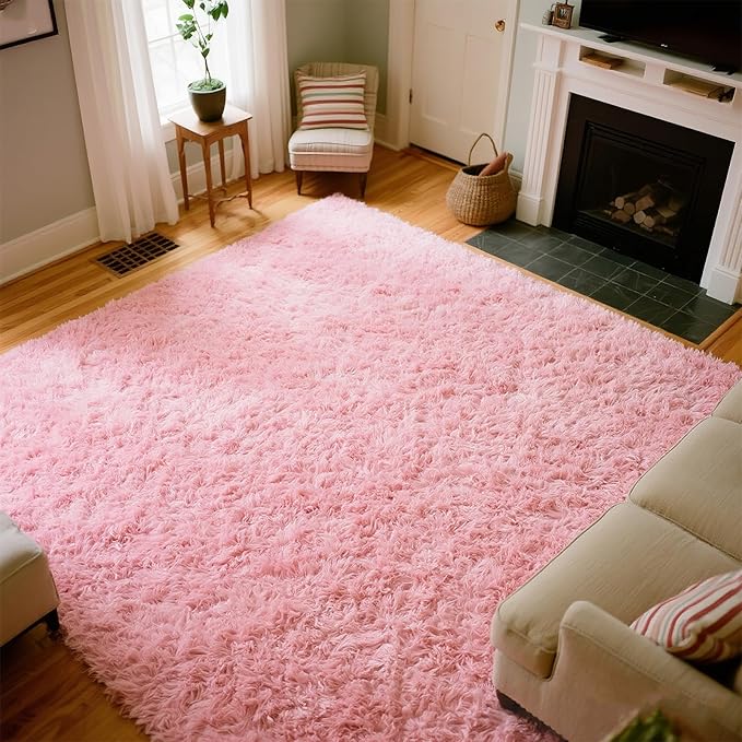Pink Area Rugs for Girls Bedroom, 8x10 Fluffy Fuzzy Shaggy Carpet for Kids Playroom Nursery Living Room, Thick Soft Plush Mat for Kids Baby Boys Teen Dorm Home Decor Aesthetic