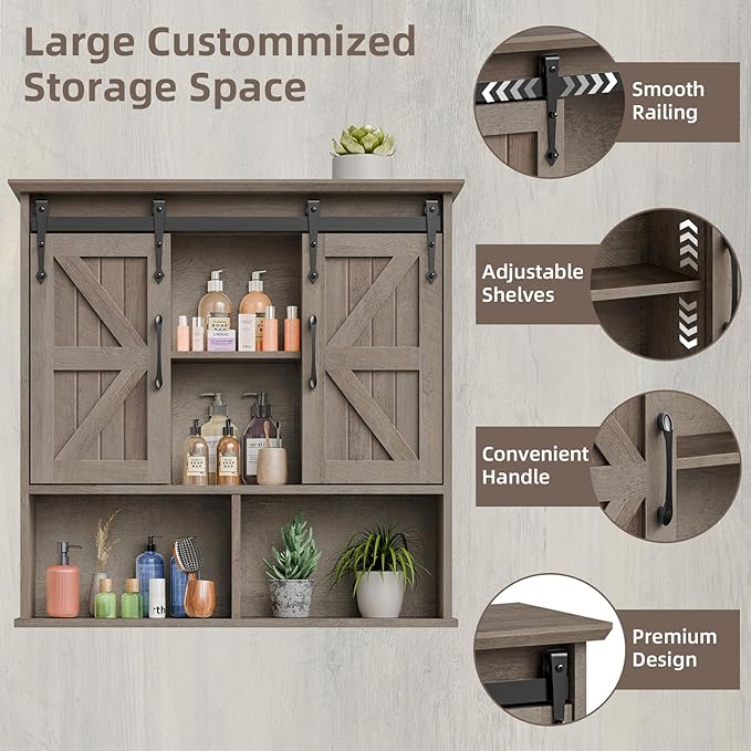 Vabches Bathroom Wall Cabinet, Farmhouse Wooden Medicine Cabinet with Double Sliding Barn Door and Adjustable Shelves, Farmhouse Storage Cabinet Wall Mounted for Bathroom, Kitchen Dining, Washed Oak