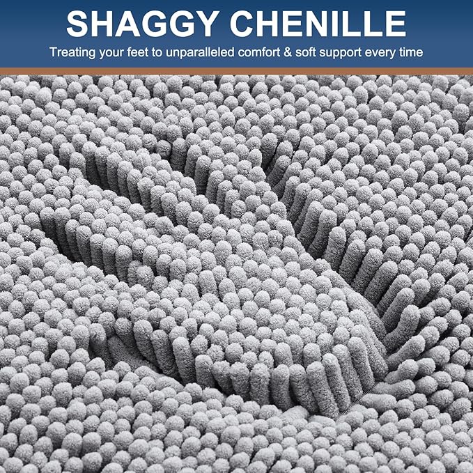 Smiry Luxury Chenille Bathroom Rugs 34x21, Extra Soft and Absorbent Shaggy Bath Mat, Machine Washable, Non-Slip Plush Carpet Runner for Tub, Shower, and Floor, Home Decor Accessories, Light Grey