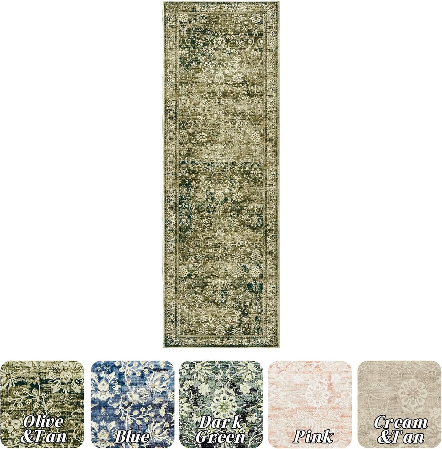 Boho Washable Runner Rug for Kitchen,Non Slip Rubber Backing Non Skid Oriental Floral Vintage Long Carpet Runners for Hallway Entryway Indoor Doormat Bedroom,2x6 6ft,Moss Olive Green Beige
