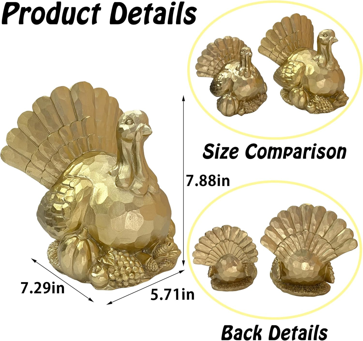 Thanksgiving Turkeys Decor, Gold Resin Turkey Figurine, Turkeys Statue for Decorating, Large Turkey Centerpiece for Table Kitchen Decoration, Harvest Home Decor