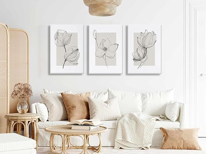 3Pcs Neutral Botanical Canvas Wall Art Beige Simple floral Painting Pictures Wall Decor Vintage Line flower Poster Print Artwork for Living Room Bedroom Bathroom Scene Home Decoration