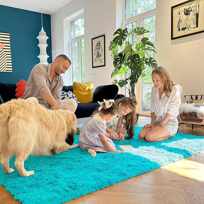 OLANLY Area Rugs for Living Room Bedroom, Machine Washable 4x5.9 ft Soft Fluffy Shaggy Bedside Rug, Indoor Floor Carpet for Kids Girls and Boys, Dorms, Nursery Rooms, Home Decor Aesthetic, Teal Blue