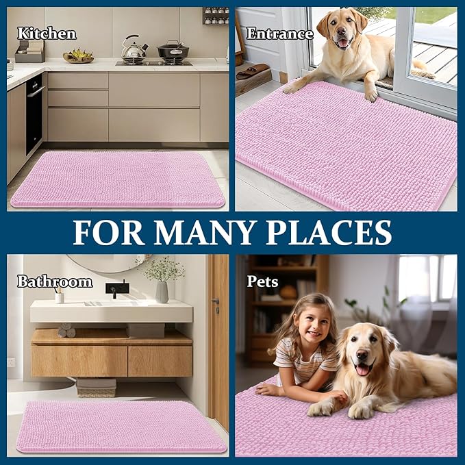OLANLY Dog Door Mat for Muddy Paws 36x24, Absorbs Moisture and Dirt, Absorbent Non-Slip Washable Doormat, Quick Dry Chenille Mud Mat for Dogs, Entry Indoor Entryway Carpet for Inside Floor, Pink