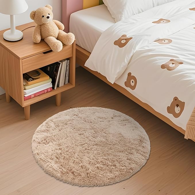 OLANLY Beige Round Rugs for Bedroom - Machine Washable, 2 ft Circle Area Rugs for Living Room, Soft and Fluffy Shaggy Carpet for Teen Girls and Boys, Nursery Rooms, Dorms, Home Decor Aesthetic