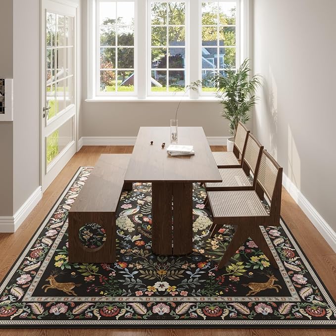 Living Room Rug 5x7 Rug Machine Washable Area Rug Floral Non-Slip Low Pile Large Rugs for Living Room, Bedroom, Farmhouse, Dining Room, Kids Playroom (Vibrant Black)