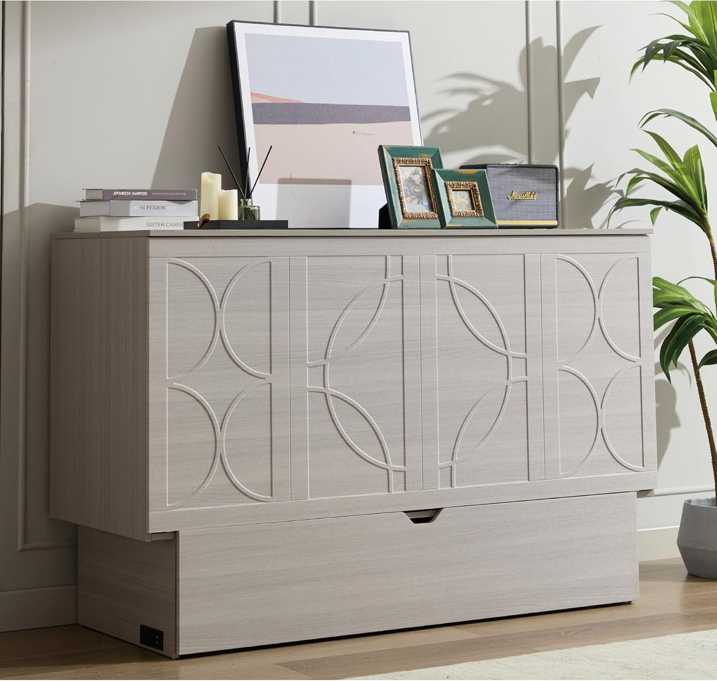 KEIKI Murphy Bed Cabinet Queen - Foldable Wall Bed with Foam Mattress, 2 Large Storage Drawers & USB Charging Station, Space Saving Furniture for Guest Room, Bedroom, Office, Living Room, Grey