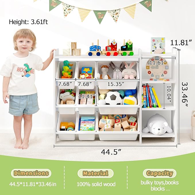 MallBest 4-Tier Kids' Toy Storage Organizer Shelf - 100% Solid Wood,Children's Storage Cabinet with 9 Plastic Bins and 3 Storage Ports(White-Single Color)