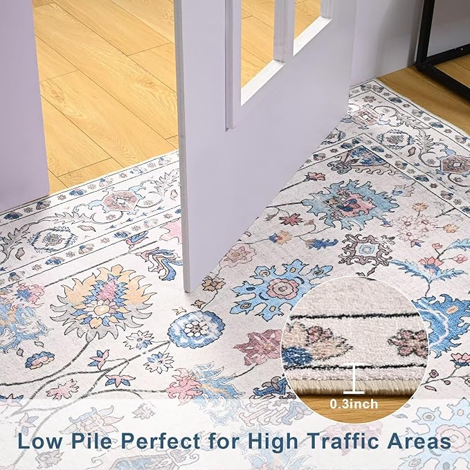 Vasofe 6x9 Rug for Bedroom, Washable Living Room Rugs for Dining Room, Cream Indoor Floor Mat, Vintage Floral Mats for Home Decor, Farmhouse, Laundry Room, Non Slip Low Pile Soft Modern Carpet