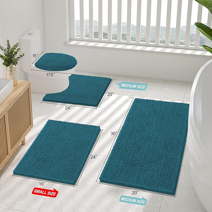 Smiry Luxury Chenille Bathroom Rugs 30x20, Extra Soft and Absorbent Shaggy Bath Mat, Machine Washable, Non-Slip Plush Carpet Runner for Tub, Shower, and Floor, Home Decor Accessories, Lake Blue