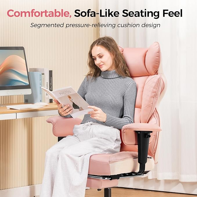 COMHOMA Big and Tall Office Chair 400LBS Wide Ergonomic Gaming Chair with Deluxe Embossing Designed Leather with Foot Rest,150°Reclining Adjustable Armrests Pocket Spring Back Support and Pillow