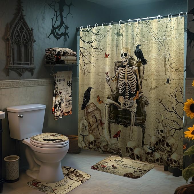 8 Pcs Halloween Gothic Shower Curtain Set for Bathroom Include Vintage Skeleton Towels Non Slip Skull Rugs Toilet Lid Cover Spooky Spider Web Bath Mat and 12 Hooks for Halloween Bathroom Decor