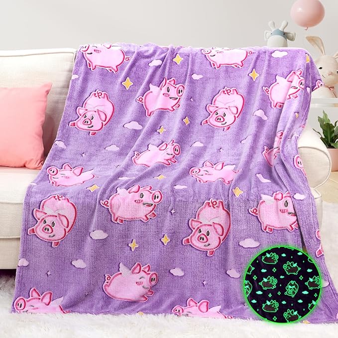 Pig Blanket Glow in The Dark Cute Pink Pig Throw Blanket for Girls Kids Pig Decor Birthday Gifts for Girls Soft Fleece Animal Blanket for Kids Christmas