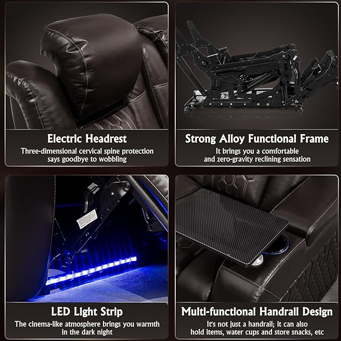 Home Theater Seating, Living Room, Heat & Massage, Powered Headrest, Powered Lumbar, Italian Leather, Powered Recline, Single Recliner (Coffee Color, Row of 4 Loveseat Middle)