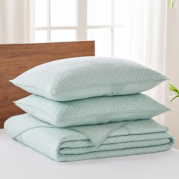 Levtex Home Cross Stitch Reversible Queen Bedspread Set (104x106in) with 2 Pillow Shams (26x20in) - Stitch Texture - Blue Haze - Cotton Queen Size Bedspread Set - Lightweight, Soft, Pre-Washed