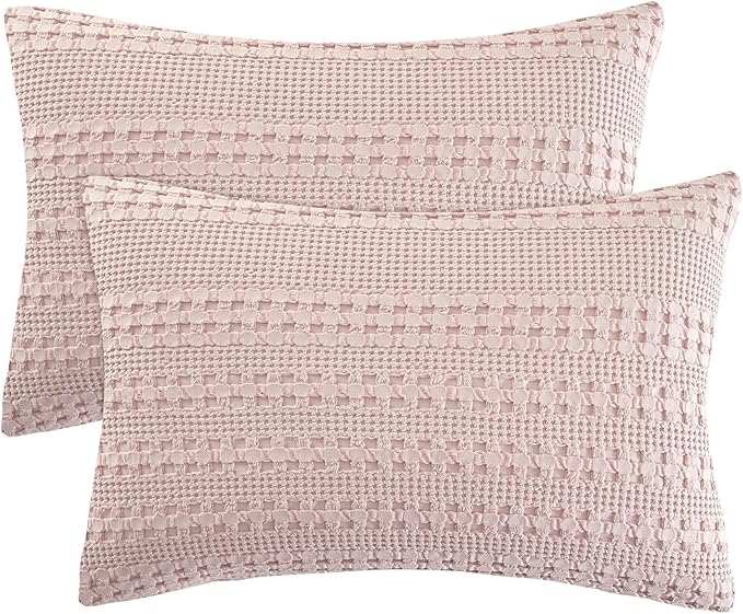 PHF 100% Cotton Waffle Pillow Shams Queen Size, 2 Pack 20" x 30" Soft Skin-Friendly Pillowcases, No Filling, Aesthetic Woven and Breathable Waffle Weave Pillow Case Covers for Bed, Pink