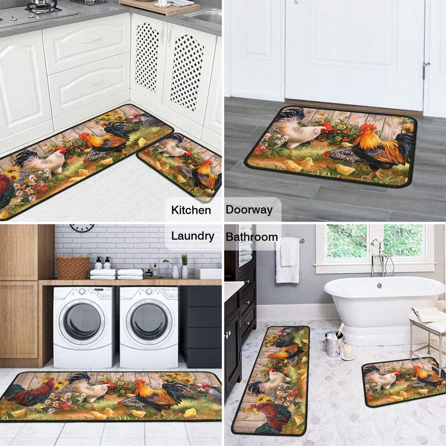 Rooster Kitchen Rugs 2 Piece Set Sunflower Decor Kitchen Floor Mat, Microfiber Washable Runner Rugs, Farmhouse Chicken Decorations Kitchen Mats,17"x47"+17"x30"