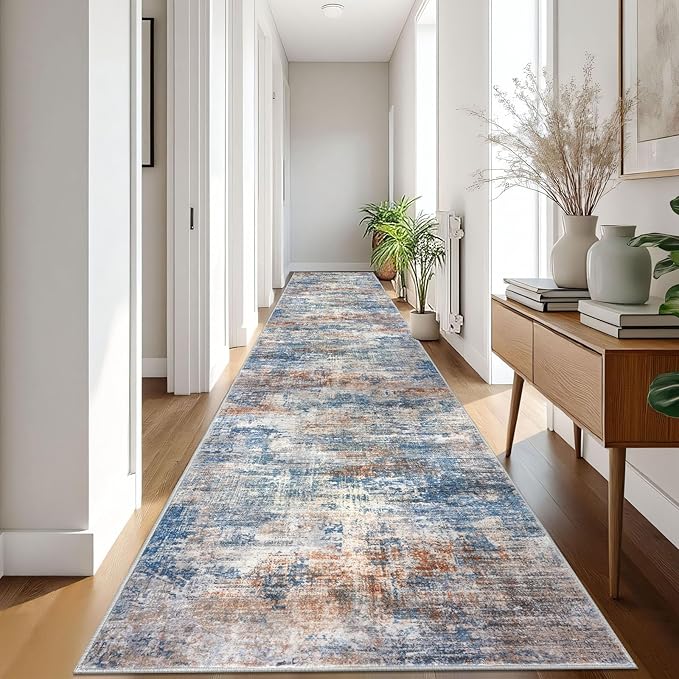 IOHOUZE Abstract Runner Rug 3x18 Ft Extra Long Washable Runners for Hallways, Non Slip Kitchen Runner Printed Faux Wool Entryway Runner Indoor, Modern Abstract Floor Carpet for Hall Stair, Blue Rust